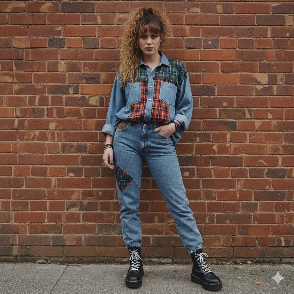 VTG 90s Spirit Don't Stop Denim Plaid Set  Shirt Jeans Patchwork‎ Hip Hop Street